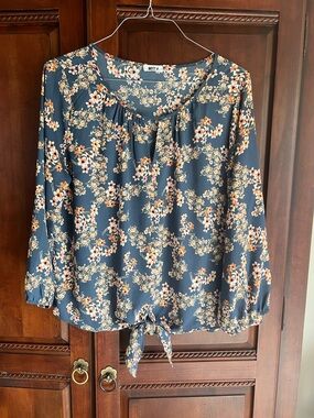 West X Navy Floral Tie-Front Blouse